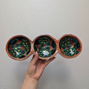 Handcrafted Triple Bowl with Green and Brown Design